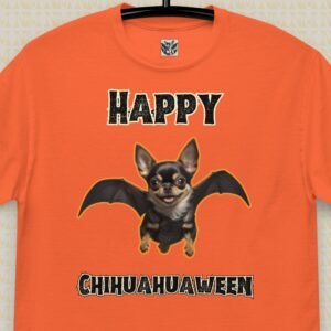 Happy Chihuahuaween Halloween T-Shirt image of a flying chihuahua-bat