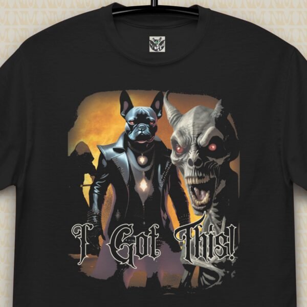 Image of T-Shirt called Confident Bulldog, showing a powerful french bulldog getting ready to take on demons