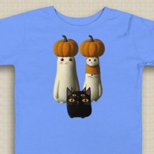 Image of Trick R Treat Buddies T-Shirt. The t-shirt image is quirky ghost friends, dressed up for trick r treat and their black cat friends