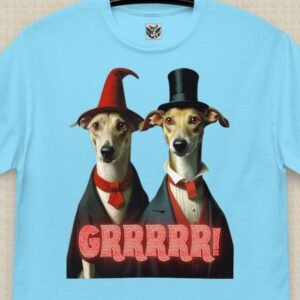 Image of Vampire Whippets Halloween T-Shirt with Sky colored background