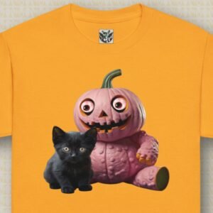 Image of Pumpkid and Kitty T-shirt featuring a pink pumpkin kid sitting down and looking gleefully at a surprised black kitten