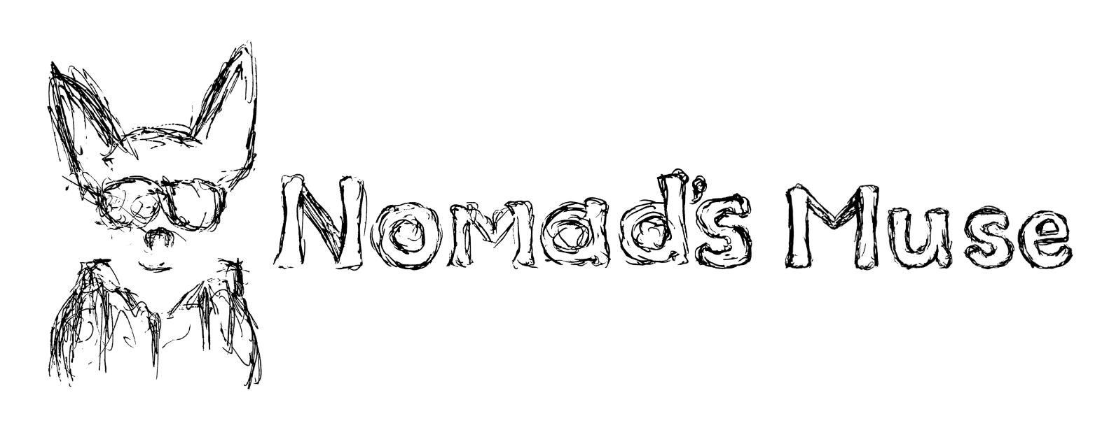 NomadsMuse Logo - Featuring Nomadic Chihuahua Character and the Hand Drawn Text Saying - Nomad's Muse
